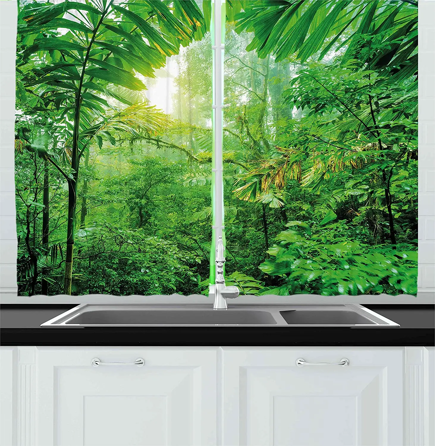 Природа кухня окна занавески свежий зеленый тропический лес в национальном