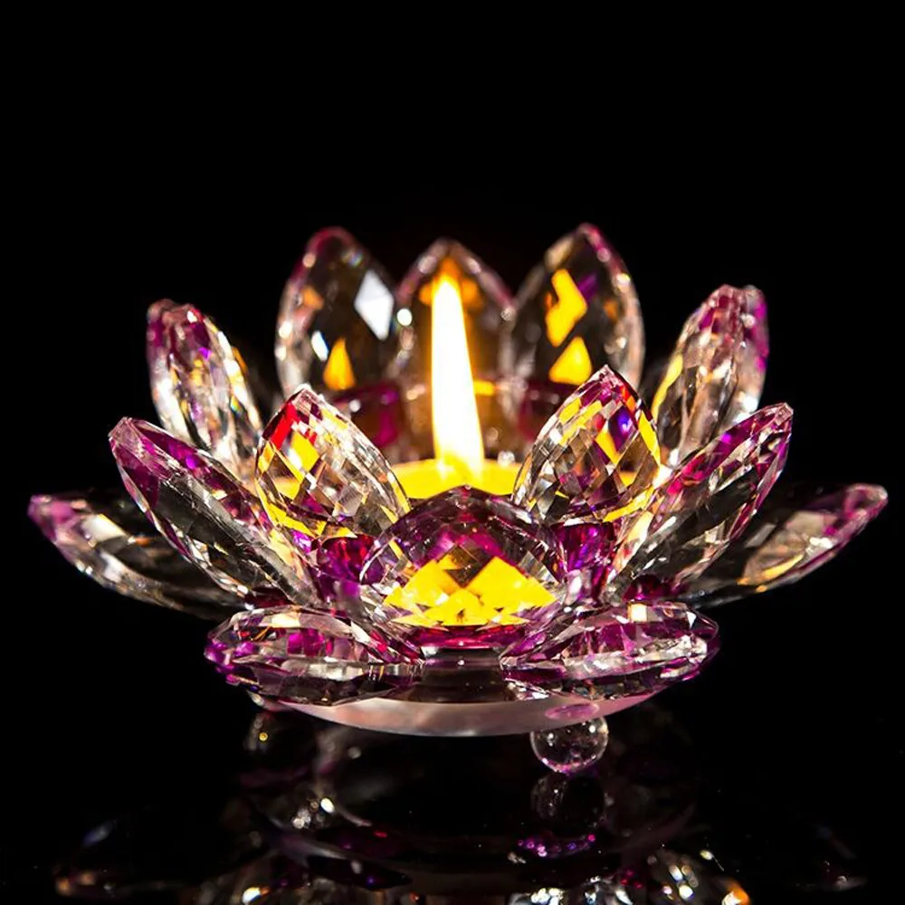 

7 Colors Crystal Glass Lotus Flower Candle Tea Light Holder Buddhist Candlestick Wedding Bar Party Valentine's Day Decoration