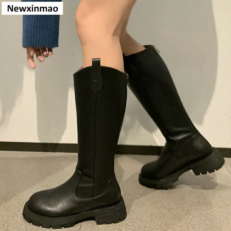 

Fashion Autumn Winter Women Knee-High Boots Genuine Leather Fringe Back Zipper Thick Heels Casual Party Shoes Woman 2021
