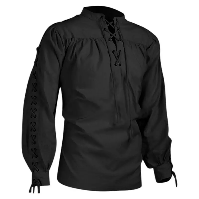 Men's Summer Bandage Renaissance Pirate Hippie Black Shirt Medieval Costume hot | Мужская одежда