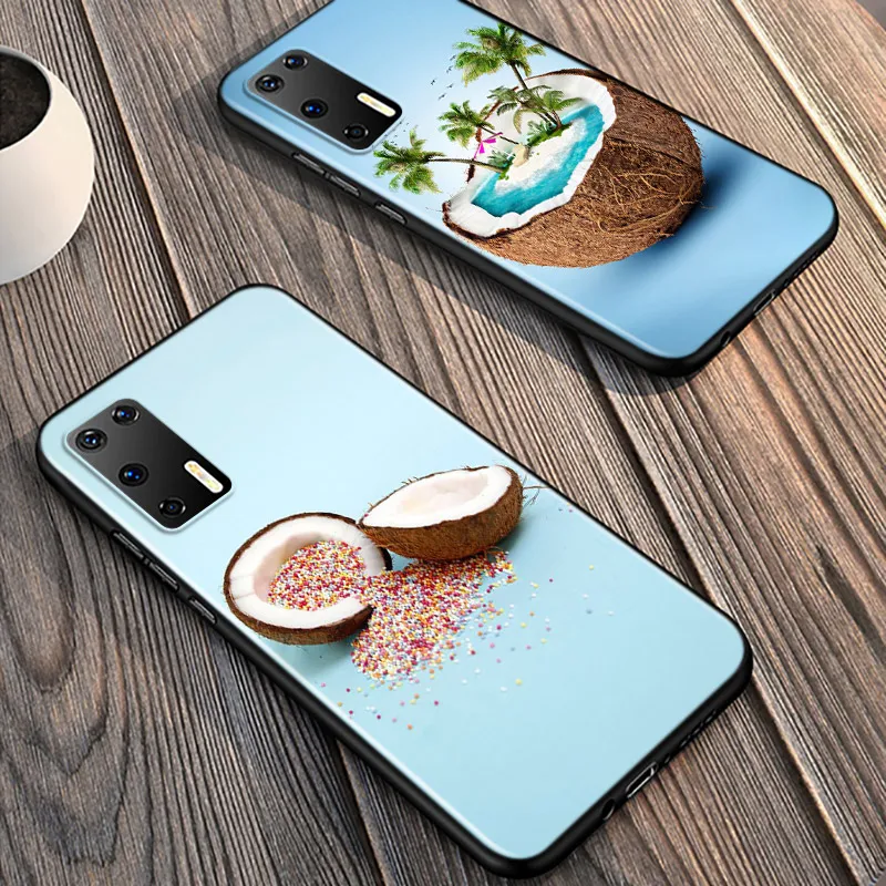 

Coconut On the Beach For Huawei P40 P30 P20 Pro P10 P9 P8 Lite E Plus 5G 2019 Phone Case Bright Black Silicone Cover