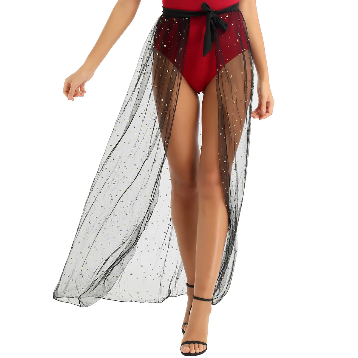 Женский купальник полупрозрачный с высокой талией галстуком блестящими