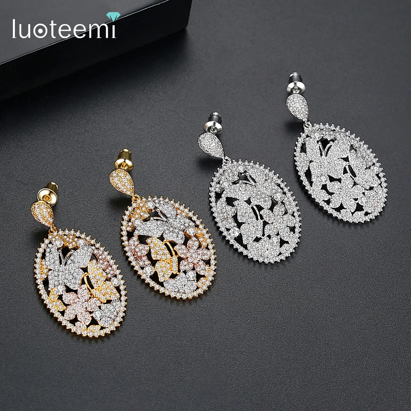 

LUOTEEMI Elegant Yellow Butterfly Flower Oval Dangle Earrings for Women Wedding Party with Shining CZ Bohemia Fashion Jewelry