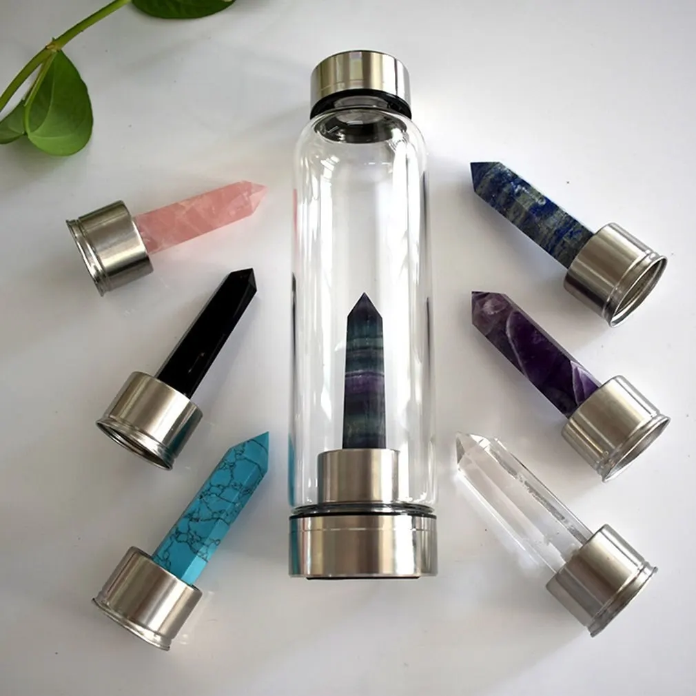 

Natural Quartz Gemstone Glass Water Bottle Direct Drinking Cup Glass Crystal Obelisk Wand Healing Wand Bottle with Rope 2021 new
