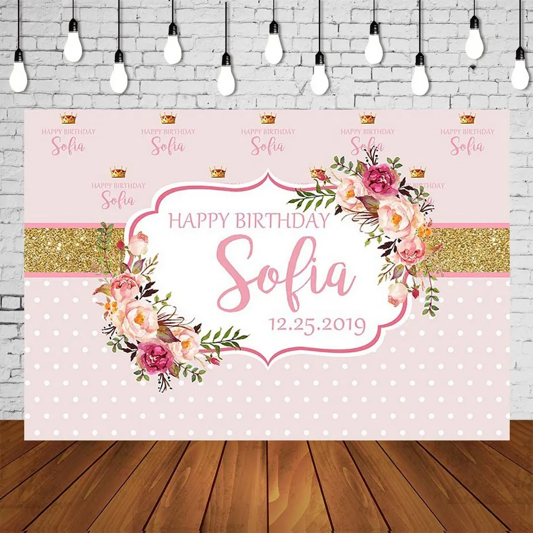 

Custom Floral Backdrop Girl Princess Birthday Party Banner Photography Background Pink Golden Glittering Mural Poster Decoration