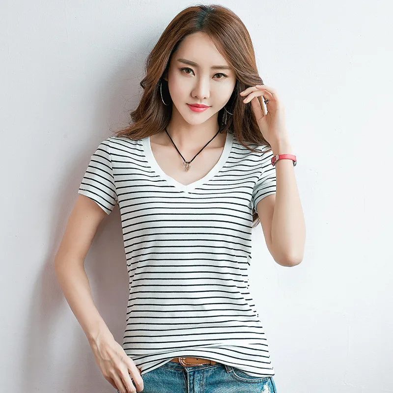 

Striped V-neck short-sleeved t-shirt 2021 summer new Korean style slim women's half-sleeved top bottoming shirt N183