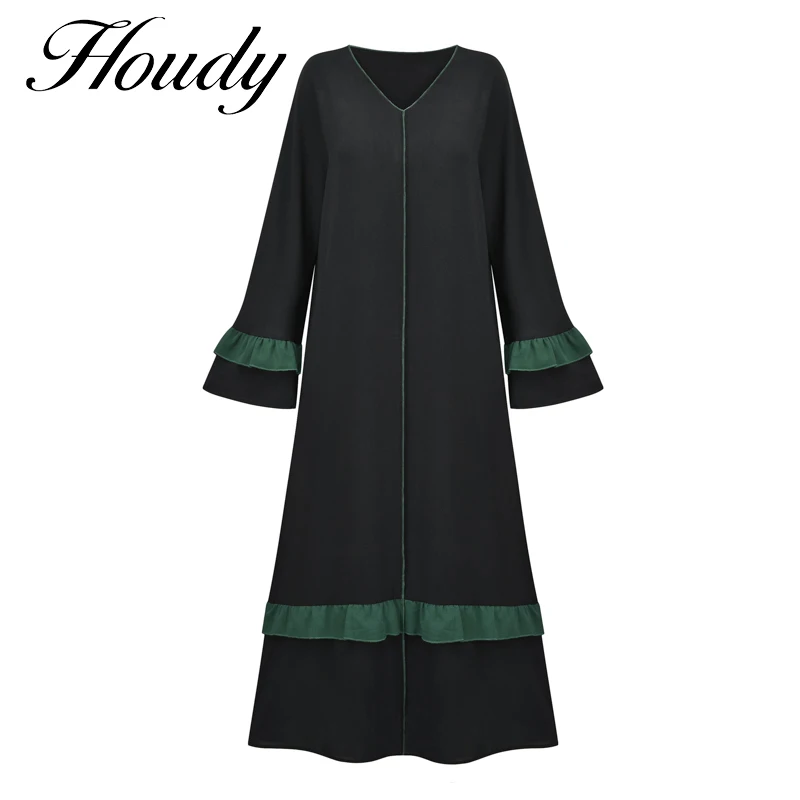 

Ladies Elegant Black Dress 2021 Summer Sun Skirt Retro Solid Color Long Skirt Long Sleeve Pleated Casual Vestido