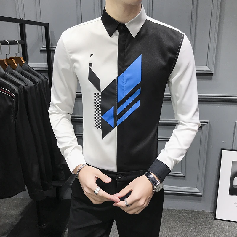 

Korean Patchwork Casual Men Shirt 2020 Spring Long Sleeve Dress Camisa Masculina Club Party Streetwear Blouse Male Clothing