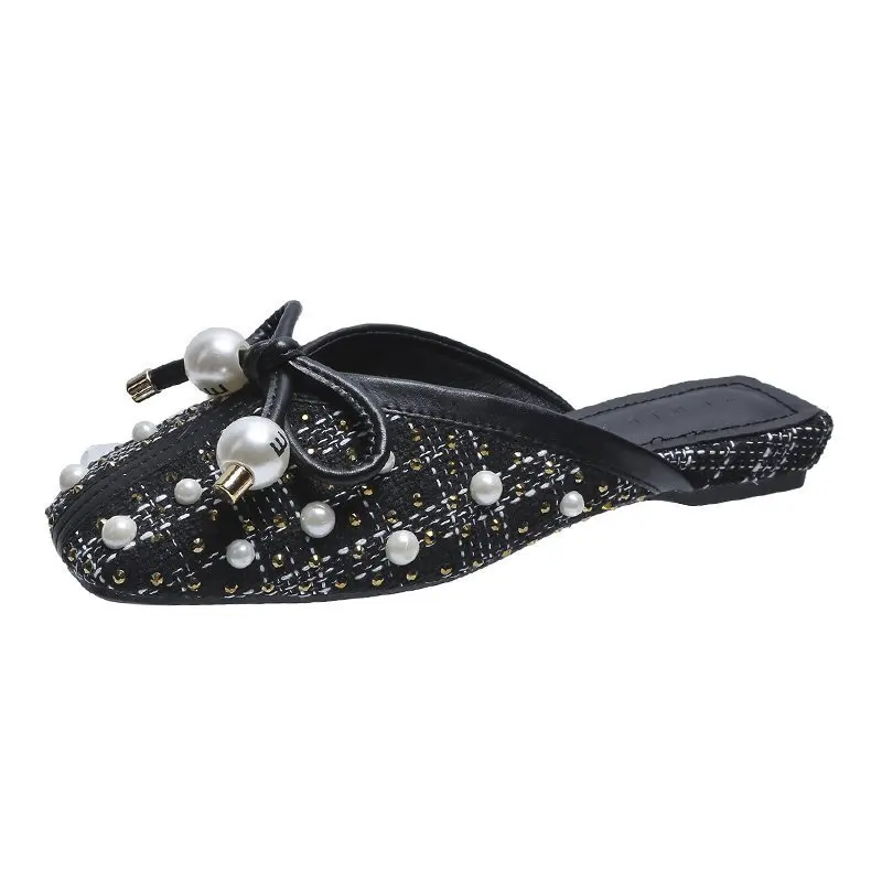 

Square Toe Flat Shoes Female Butterfly-Knot Ladies' Slippers Low Luxury Slides Slipers Women Jelly Flip Flops String Bead Cover