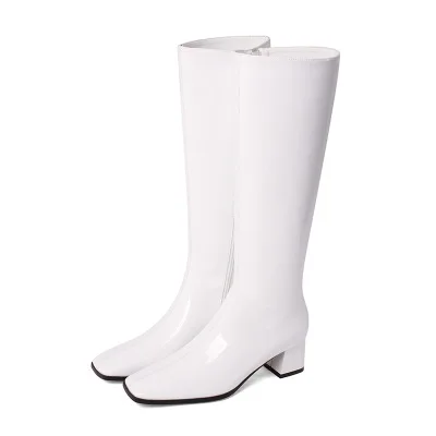 

Autumn Winter Patent Leather Square Toe Side Zipper Fashionable Thick-heel High Boots Bright Leather Long Tube Black Boots Women