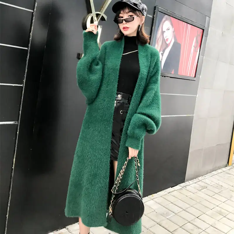 Осенне зимний утепленный длинный кардиган из искусственного меха норки женский
