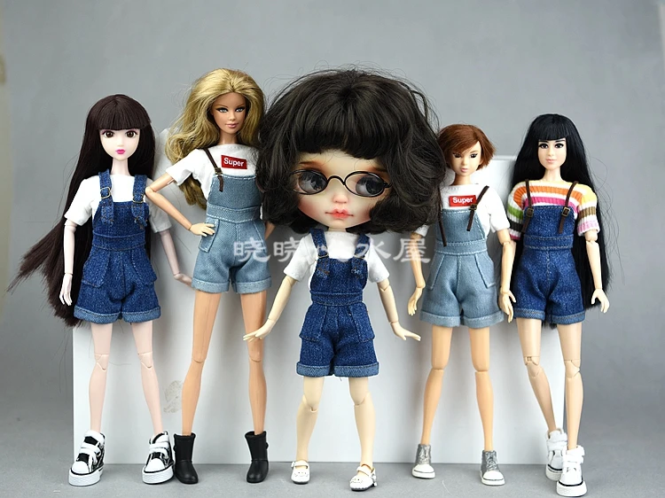 Топ + джинсовые брюки/синие штаны с белым и черным топом одежда наряд для Барби kurhn