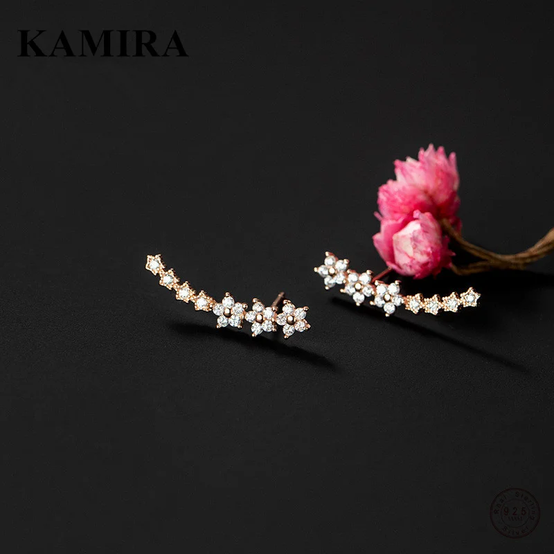 

KAMIRA 925 Sterling Silver Korea Five Petal Flower Star Shiny Zircon Stud Earrings for Women Teen Wedding Elegant Simple Jewelry