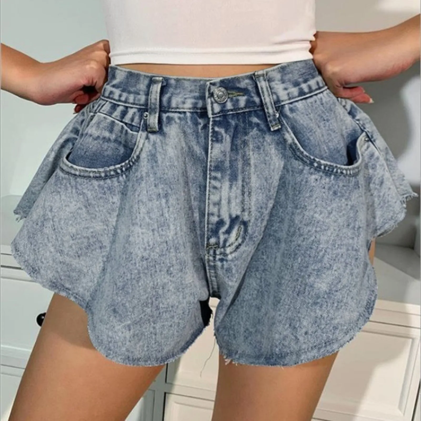 

Casual Wide Legs Jeans Streetwear High Waist Denim Shorts For Women Summer Button Irregular Bottoms With Pocket Loose Short #LR4