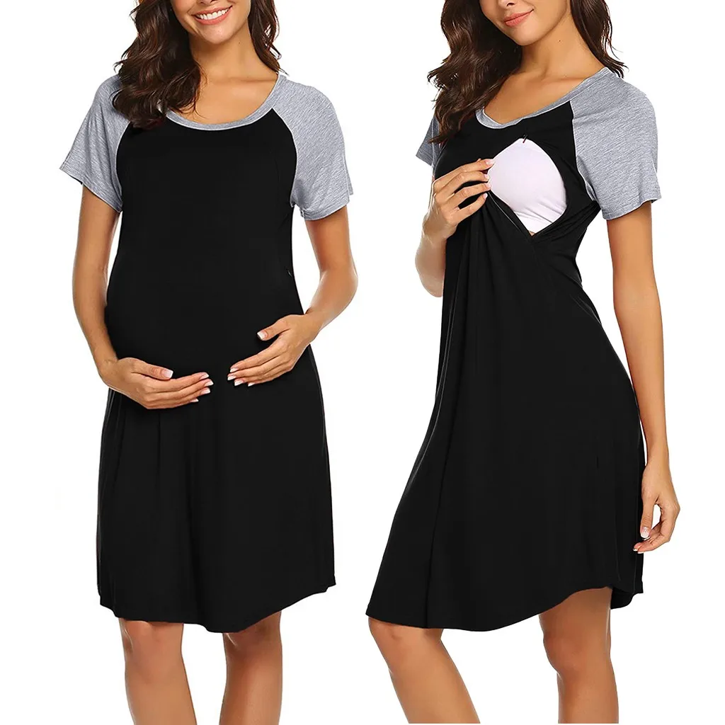 Summer Maternity Pajama Women Short Sleeve Splicing Color Nursing Breastfeeding Dress Одежда Для Беременных2020 @50 | Мать и