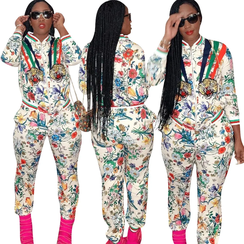 Casual print lady set zipper full sleeve coat and long pants two piece autumn clothing casual outfit DMN039 | Женская одежда