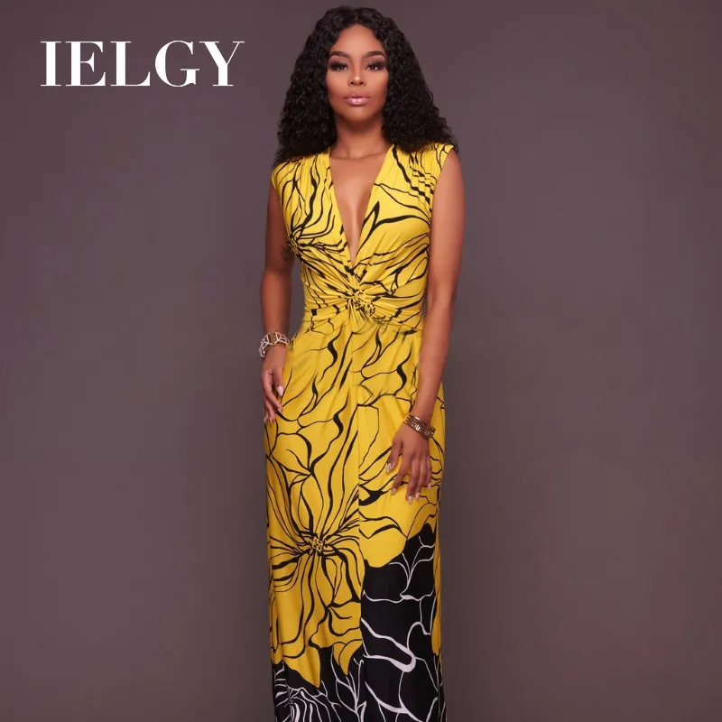 

IELGY long sleeve dress Women's Sexy V-Neck Sleeveless Print Long Dress Summer