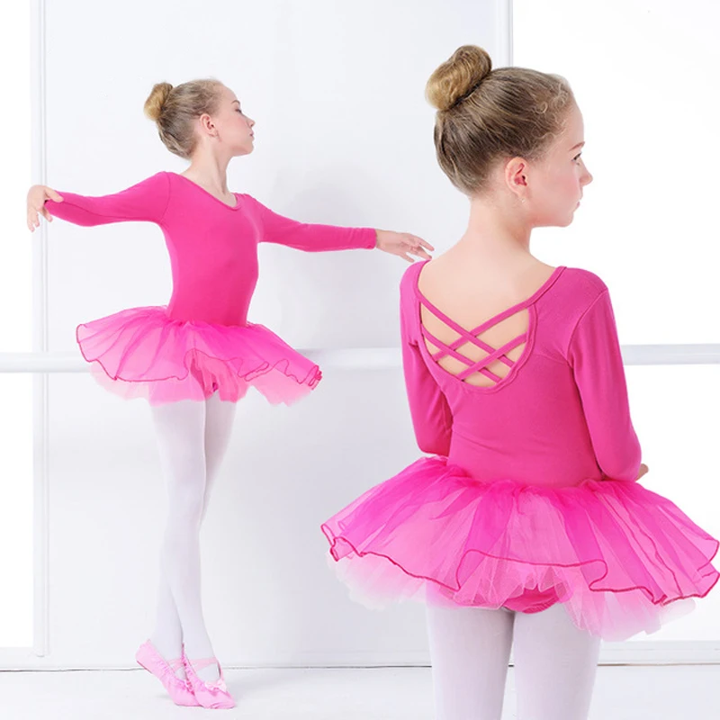 Элегантное розовое танцевальное платье-пачка с длинными рукавами для девочек