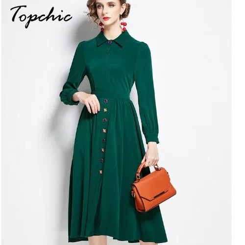 

Vintage Green Shirt Dresses For Women Spring Autumn Runway Designers Elegant Pleated Midi Chiffon Dress vestido