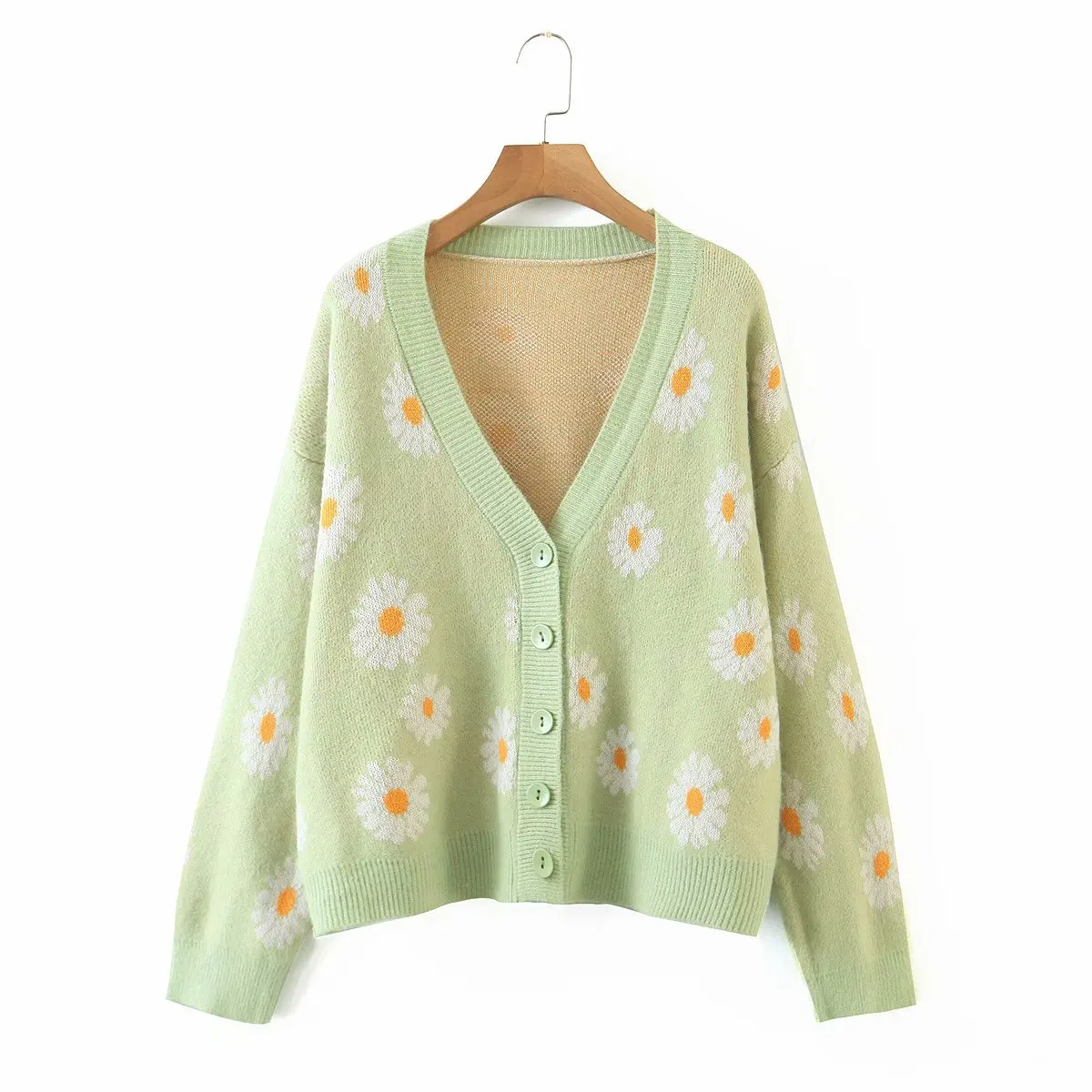 

Richkeda Store New 2021 Women's Little Daisy Sweater Cardigan Top, Casual Long Sleeve V Neck Floral Print Loose Knit Lossen Coat