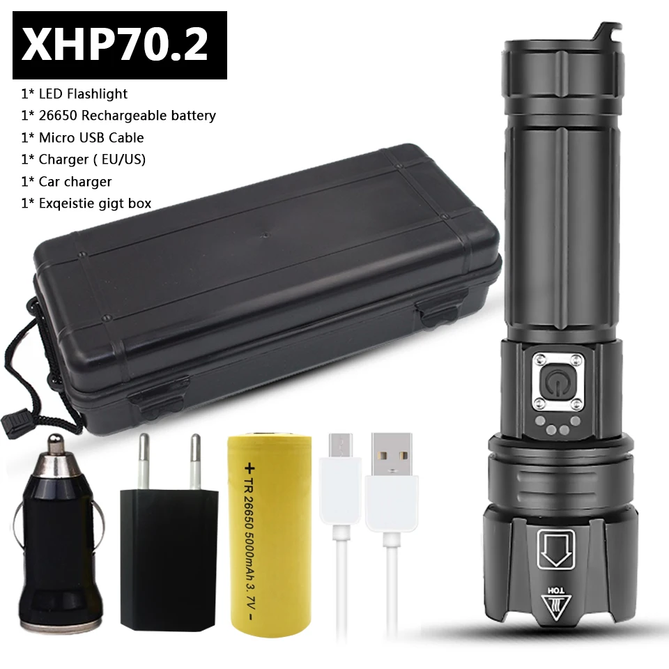 Package G Светодиодный фонарик cree xhp70.2, зарядка через usb, растягивающийся, ударопрочный, мощный, перезаряжаемый фонарь 18650 или 26650 - Испускаемый цвет: Package G