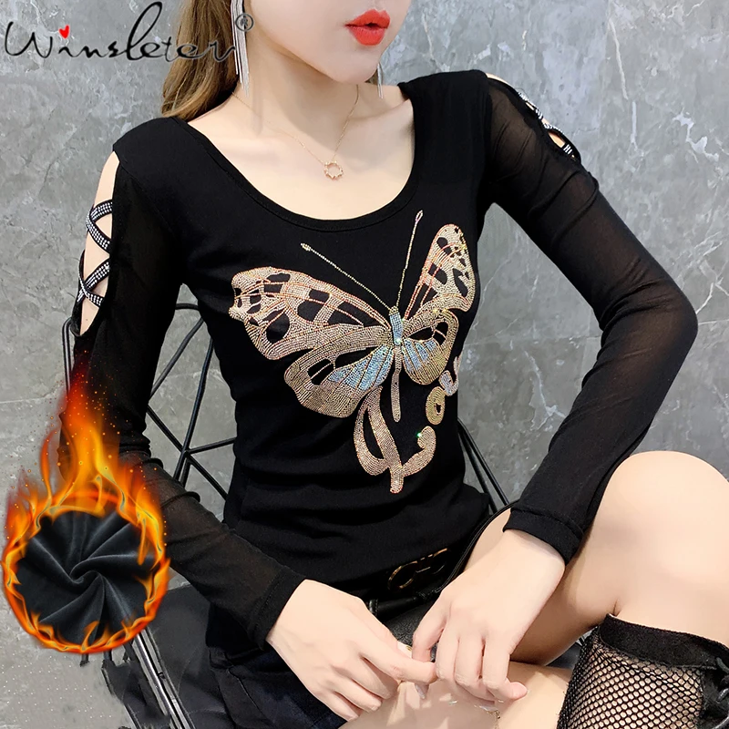 

MadBlack Fall Winter European Clothes Thick T-Shirt Hollow Out Patchwork Diamonds Butterfly Women Tops With Fleece Tees T1N512A