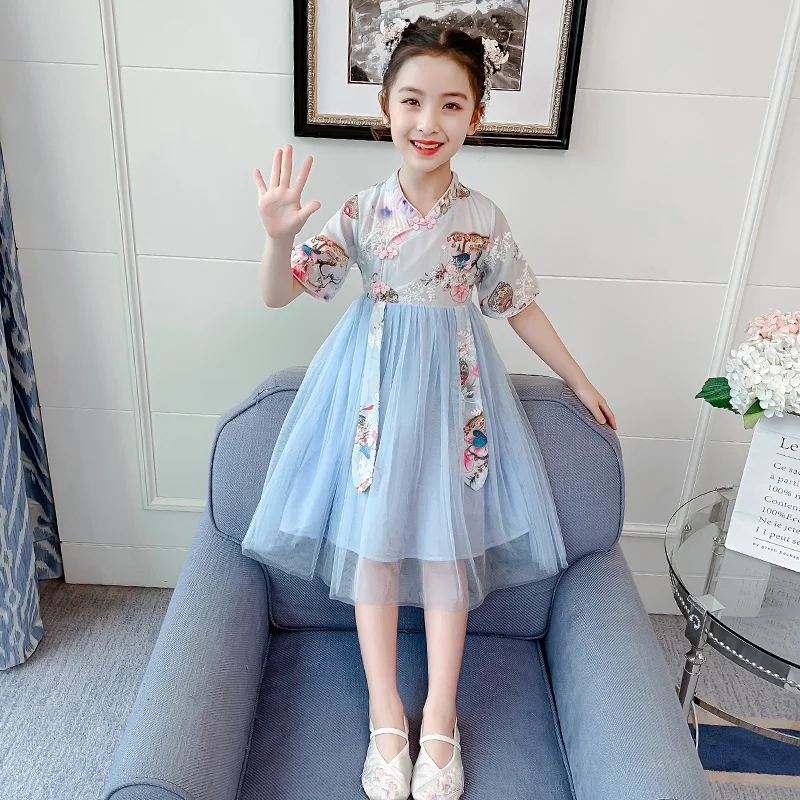 

Summer Girls Dress Retro Chinese Hanfu Landscape Scenery Children's Clothing Princess Dress Short Sleeves bluey girl clothes