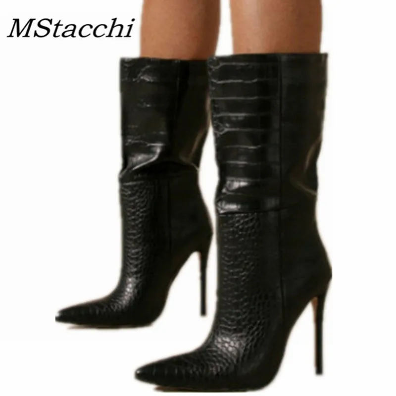 

MStacchi Classics Women High Heel Boots Pointed Toe Crocodile Print Pleated Party Shoes Solid Color Mid-calf Botas Mujer Sexy