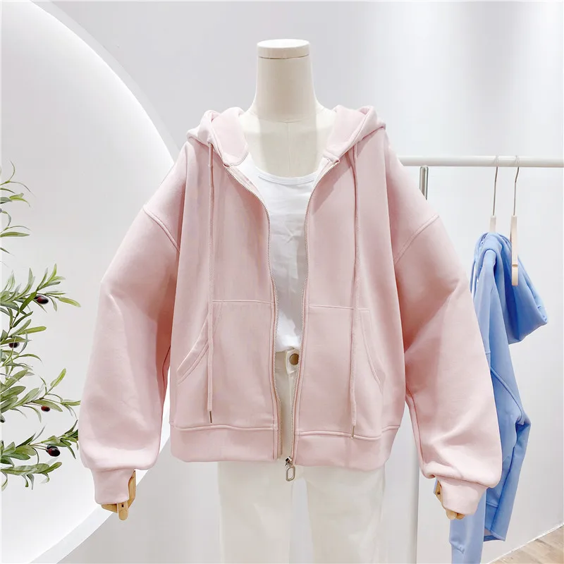 

Fashion Women Plain Zipper Hoodie Jacket 2021 Fall Winter Simple Full Zip Up Cotton Blend Hooded Sweatshirt Coats Pink