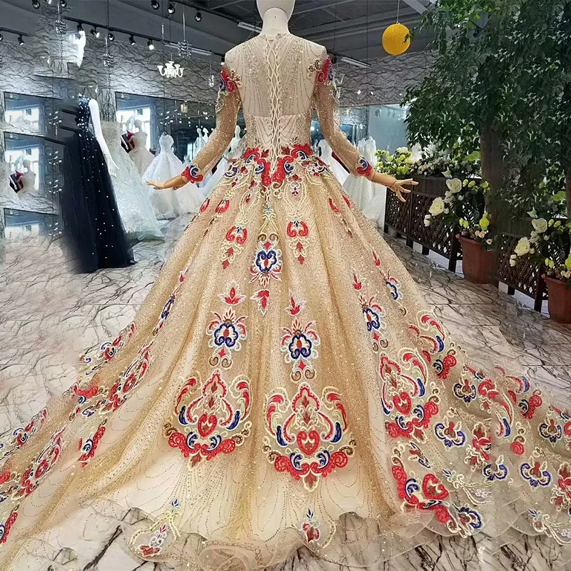 Блестящие вечерние платья LS657445 из Дубая с блестками длинными рукавами и круглым