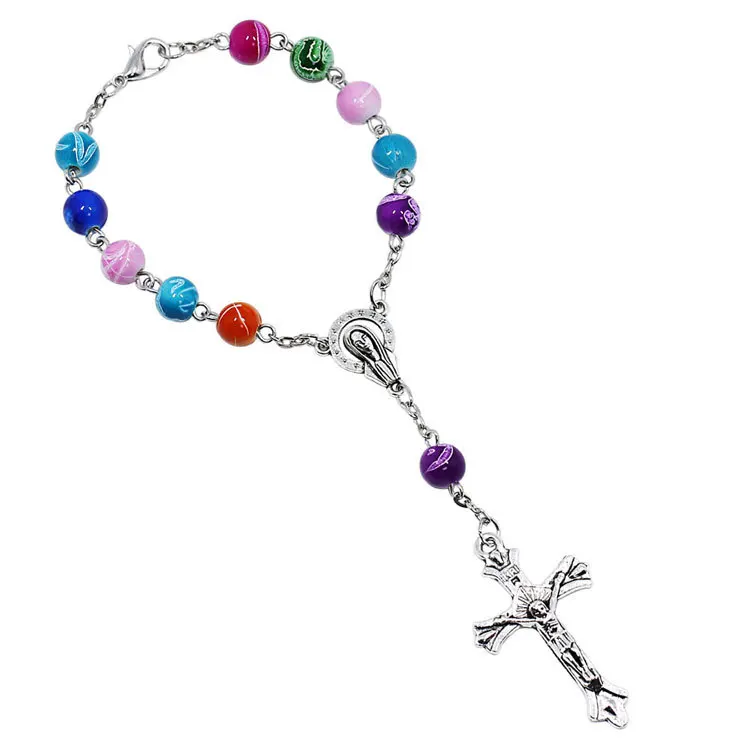 

Colorful Beads Catholic Rosary Bracelet Jesus Virgin Mary Saint Cross Bracelets Religious Jewelry Christmas Gift For Women