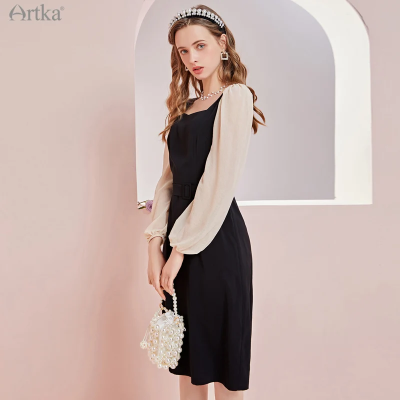 

Женское платье миди с квадратным вырезом ARTKA, черное шифоновое платье с рукавами-фонариками и поясом, LA22219C, весна 2021