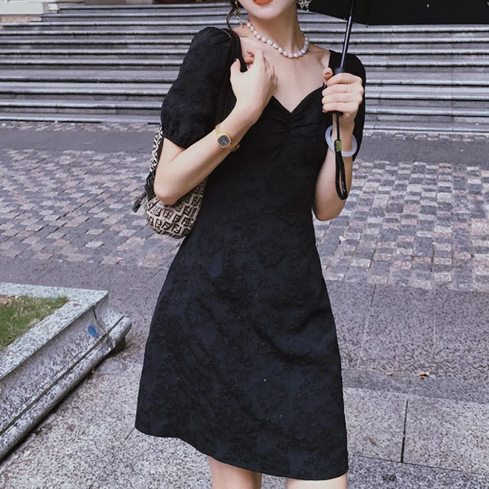 

2021 Autumn New Women's French Retro Open Back Square Neck Dress Short Sleeve V-neck High Waist Slim Pure Color Long Dresses