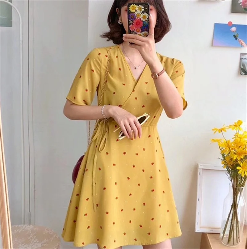 

Little Red Flower Print Summer Dress Women Sweet High Waist Short Sleeve Dress Cottagecore Cute Chic Girl Streetwear Fairy Dress