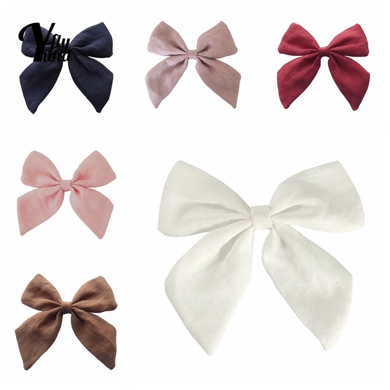 Yundfly 11*10 CM High Quality Linen Bows Hairpins Solid Color Handmade Bowknot Duckbill Clips Children Headwear Hair Accessories