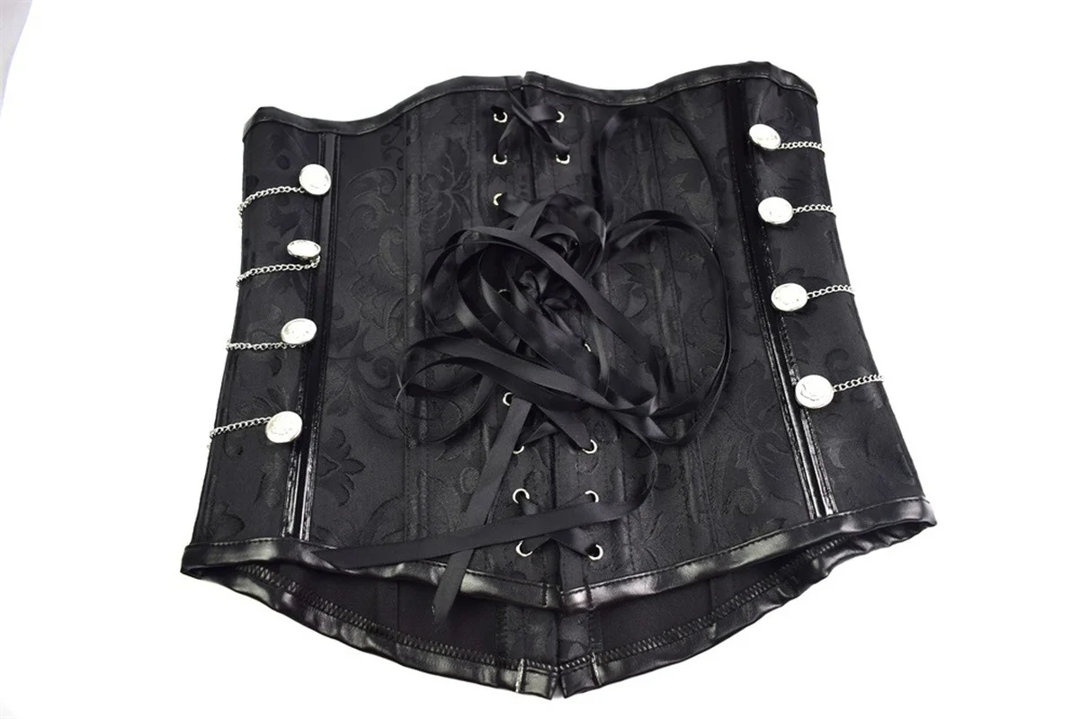 

Hot Sale Corset Dress Steampunk Noble Black Corset Satin Underbust Corset Top with Thong with Chains Sexy Waist Corset