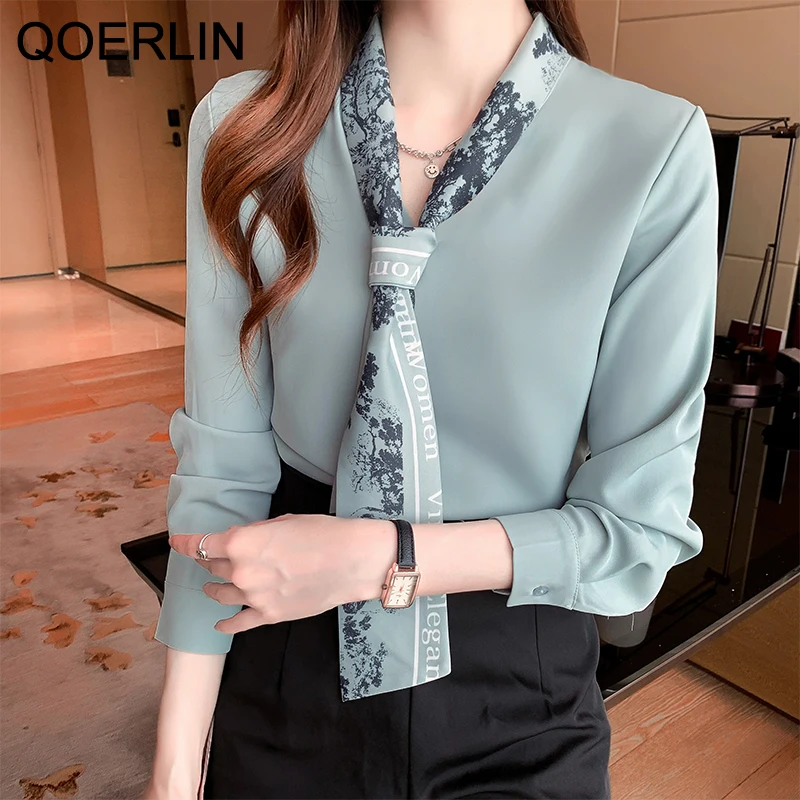 QOERLIN Spring Autumn Temperament Chiffon Shirt Female Plus Size Office Wear Shirt Long Sleeve Blouse Bow Tie Button Up Shirts
