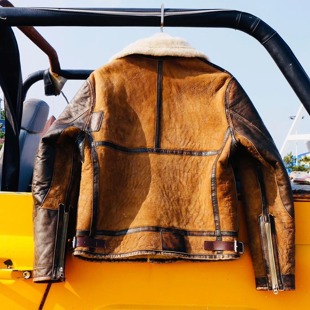 Высококачественная теплая куртка-бомбер из натуральной овечьей кожи с овчиной B3