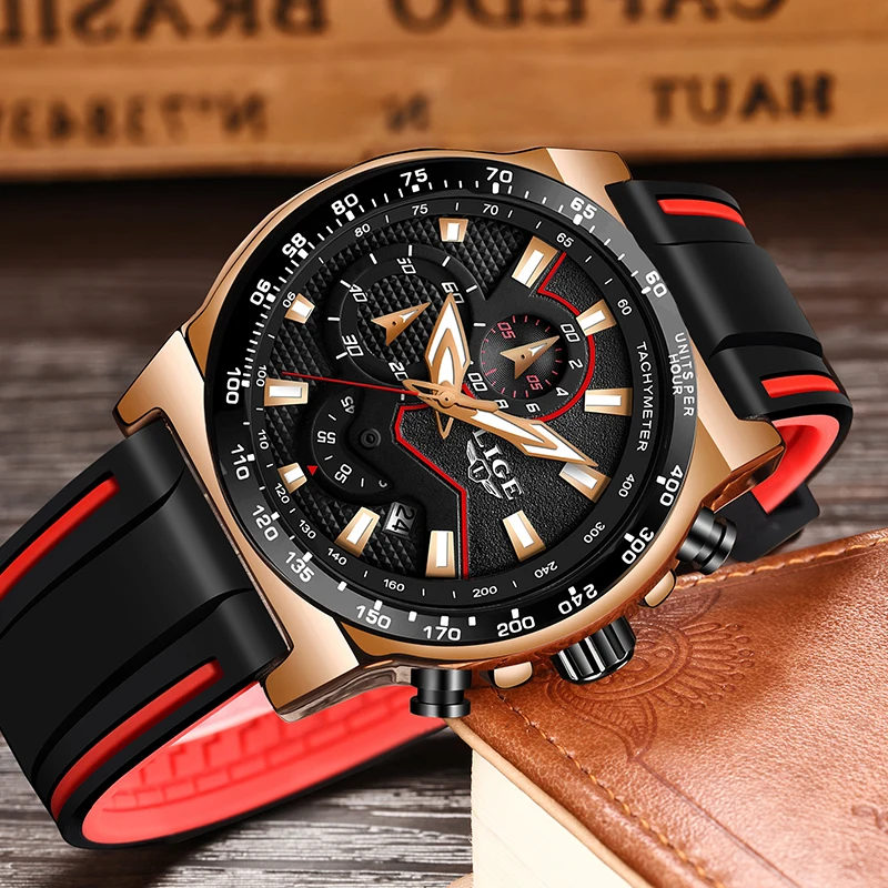 Часы LIGE мужские кварцевые водонепроницаемые с силиконовым ремешком|Кварцевые