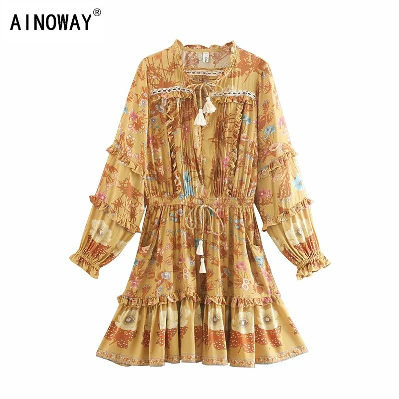 Винтажное шикарное женское платье с цветочным принтом длинным рукавом бахромой