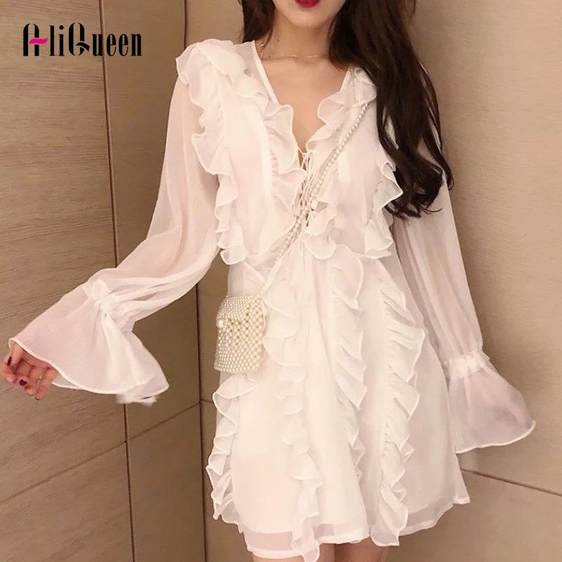 

Runway Women Flare Long Sleeve Ruffles Dresses Elegant Sexy Perspective Lace Up Mini Dresses Female White Party Dress Vestidos