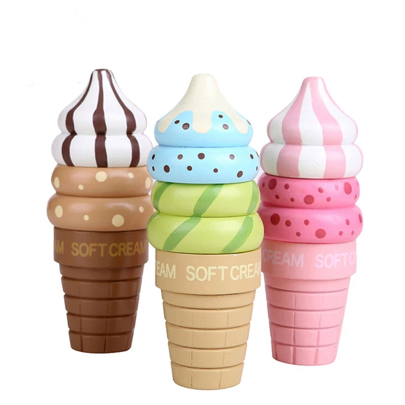 

3 pcs Wooden Ice Cream Pretend Play Toys Kitchen Food Sweets Toys Play Gift For Children Magnetic Vanilla Chocolate Strawberry