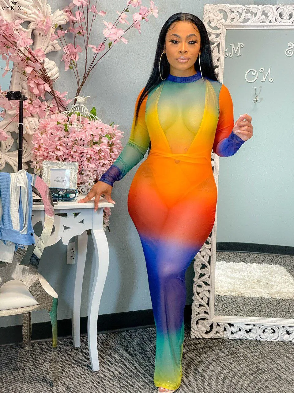 

Fashion Women Sexy Gradient Mesh Transparent Long Dress Sexi Night Party Beach Long Sleeve Bodycon Elastic Maxi Dresses Clubwear