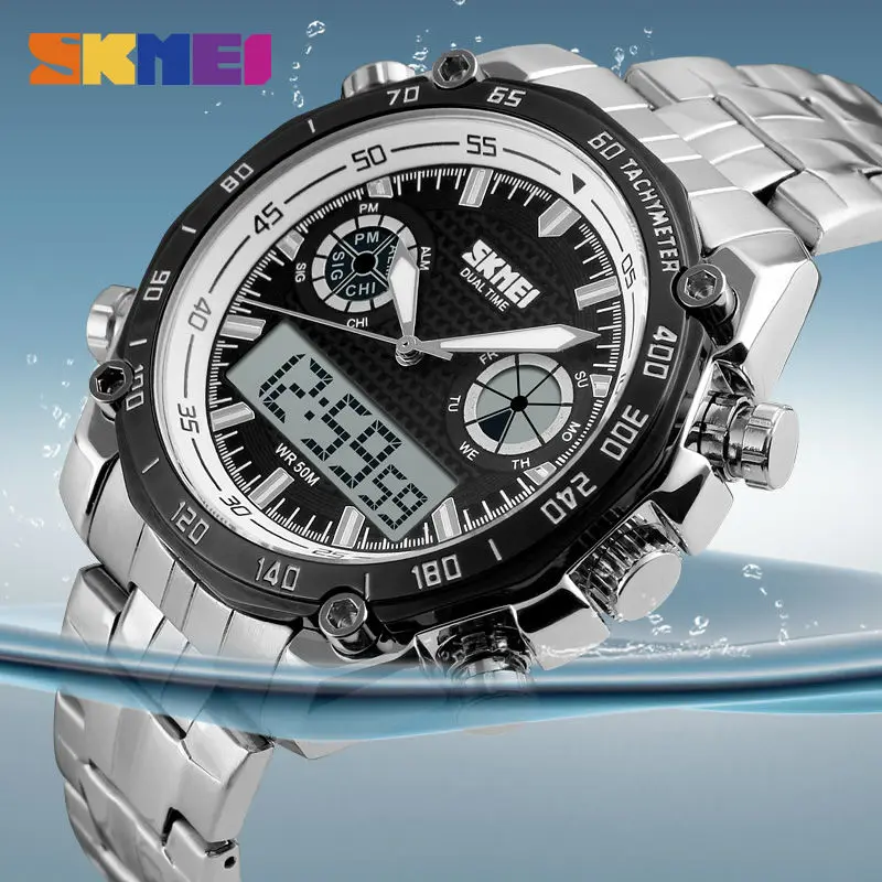 

SKMEI Fashion Sports Watch Men 3Bar Waterproof Luxury Watches Stainless Steel Dual Display Wristwatches reloj hombre 1204