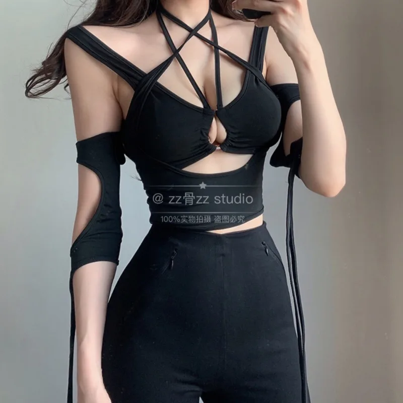 

WOMENGAGA New Street Design Hollow Out Hanging V Neck hot black TOP Irregular Hot Sexy Korean Tops tank Fashion XDO1