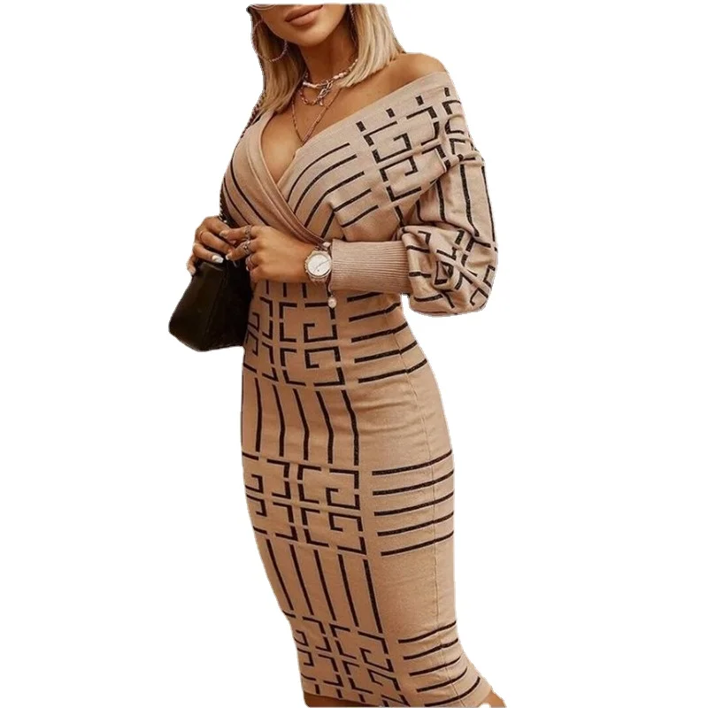 

2021 The New Women's Clothing Fashion Printing Long Sleeve V-neck Draw Back Buttocks Dress