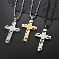 european and american titanium steel double color combination double layer hollow out cross necklace for men women