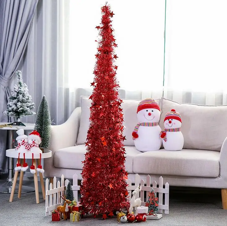 red Green Pop Up Christmas Tinsel Tree With Stand Gorgeous Collapsible Artificial Christmas Tree For Christmas Decorations 1.2M 1.5M - Цвет: red