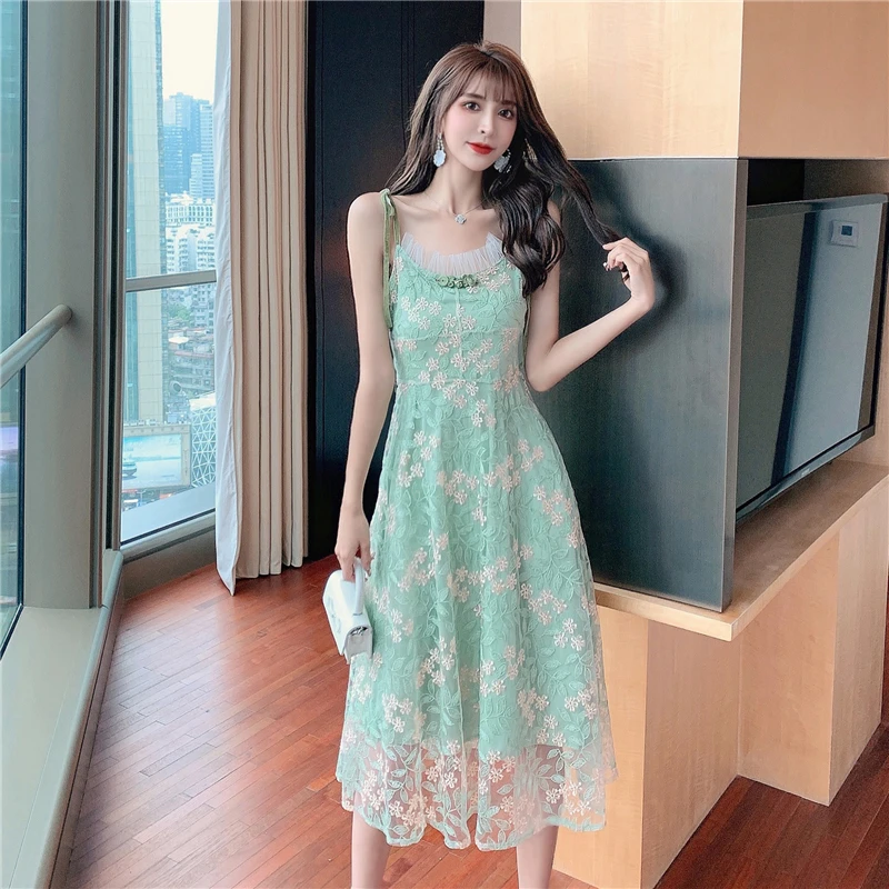 

Summer Elegant Women Green Lace Strap Dress 2021 Robe Lady Lace Sexy Dress Female Vestidos