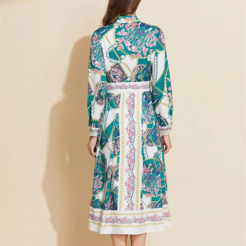 

LUKAXSIKAX 2020 New Spring Autumn Women Long Sleeve Dress High Quality Placement Print Runway Dress Elegant Bow Big Hem Dress